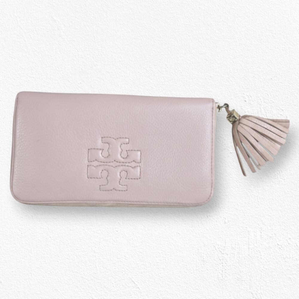 Tory Burch Amanda Blush Pink Pebbled Leather Zip Tassel Continental Wallet
